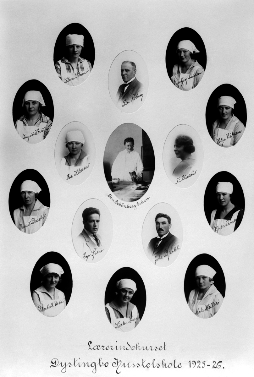 Christian Grundseth, DYSTINGBO HUSTELLSKOLE PÅ RIDABU I HAMAR, SCHØNBERG-ERKEN, 1925-26, LÆRERINNEKURS, MED NAVN, SIGNATURER.