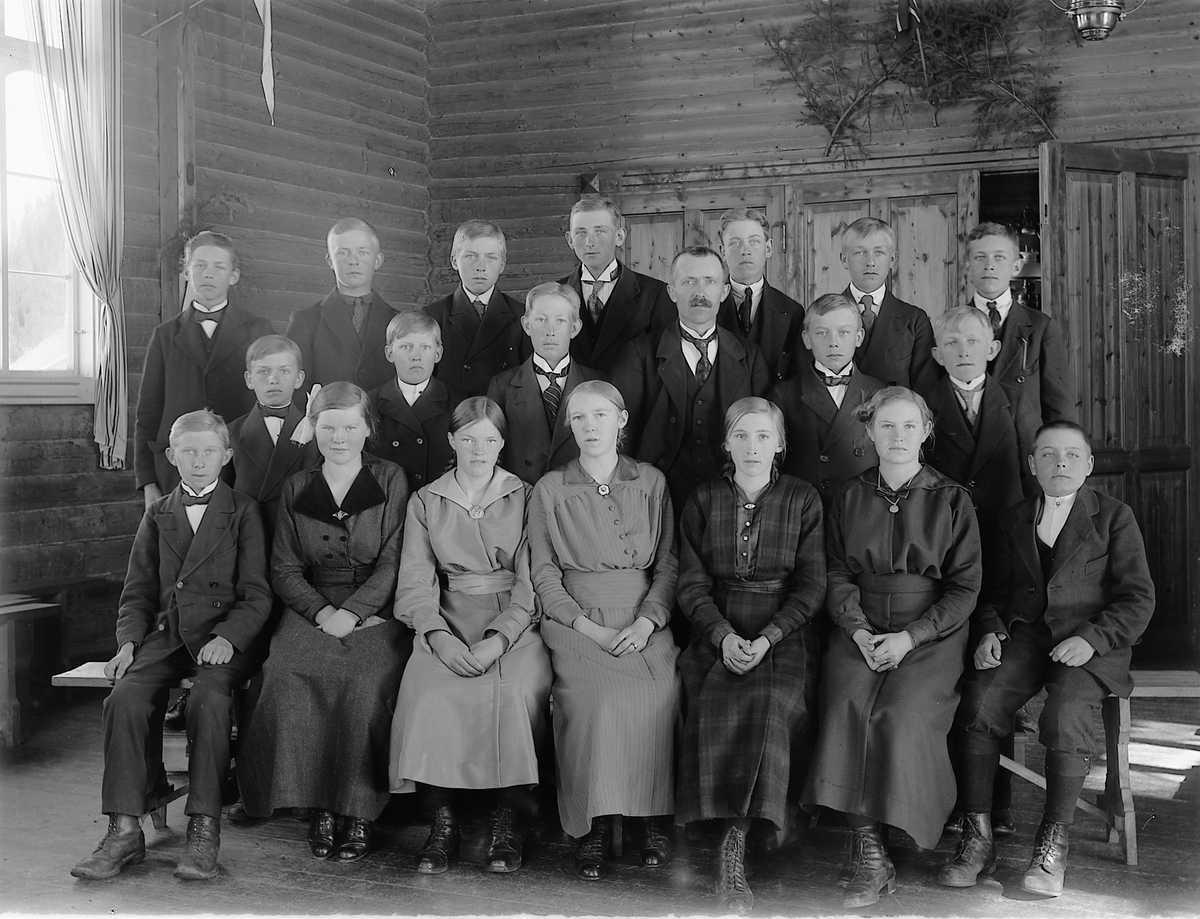 Martin Finborud, Fredvang skole. Skoleklasse. Sittende fra venstre er Leon Sofienberg, Agnes Storlien, Aslaug Simenstad, Oddlaug Kjendlie, Magda Storlien, Jenny Aarlien. Andre rekke fra venstre er Leonard Tamberstuen, ?, Thor Fjeld, lærer Sønsteby, Even Fossum, Gunnar Øvern. Bakerst fra venstre er ?, Helgeby, Berg,…