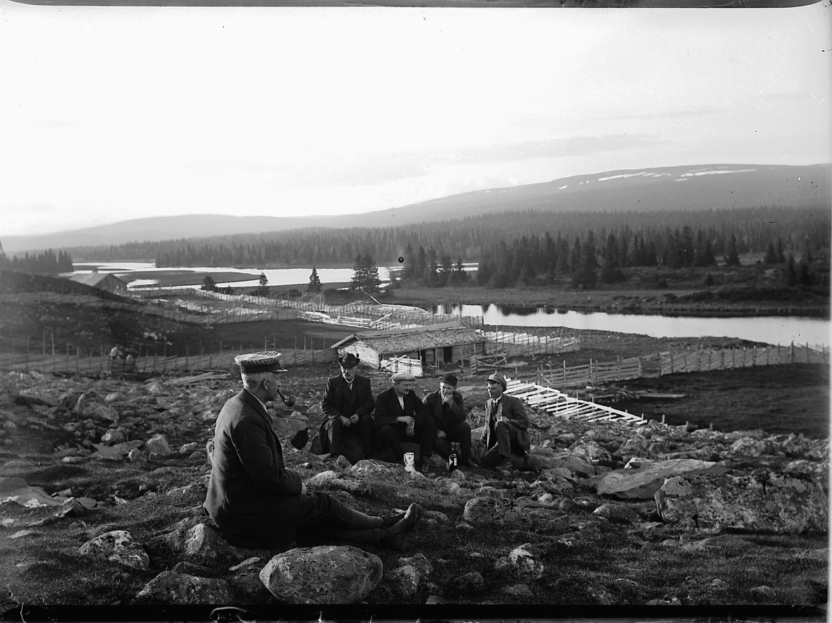 Mikkel Sveinhaug, KVARSTADSETRA I ÅSTADALEN, Ringsaker, 5 MENN, T. V. S. HERSOUG, , OLE BERGUNDHAUGEN, UKJENT, JOHANNES VINJU OG UKJENT.