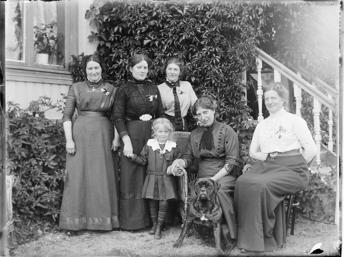 Ole Hansen Løken, GRUPPE 6 KVINNER. OG BARN. HAUGEN, VELDRE T. H. FORAN FRU SOLBERG, FØDT SVENKERUD, fru Norum, lille jenta er Åse Lykke, gift med kjøpmann på Brøttum. Bakerst f. v. frøken Erbe, Ingrid (f. Erbe) Lykke, Fru Erbe.