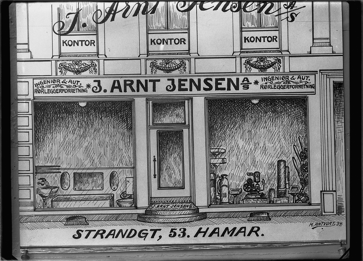Oscar Løberg, TEGNING RØRLEGGER J. ARNT JENSEN AS, BUTIKKFASADE I STRANDGATA 53 i Hamar.