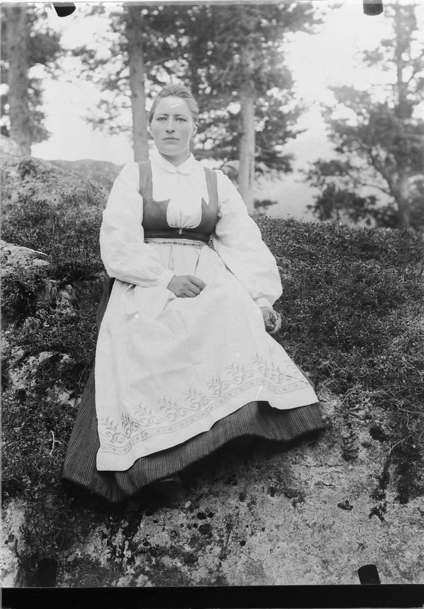 Mina Skraastad, Eksteriør, skog. Ukjent kvinne i en bunad.