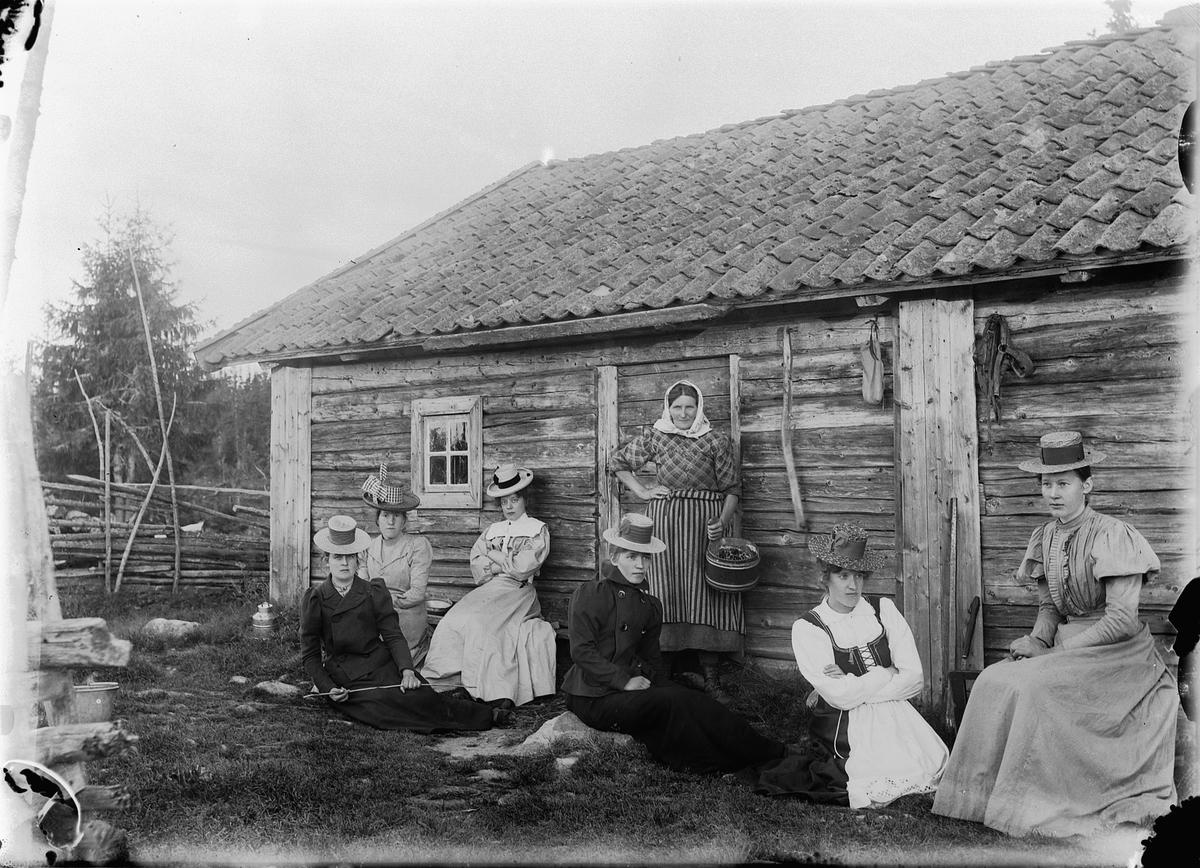 Mina Skraastad, Størhuset til Skraastad Øvre, Kluksetra i Vang allmenning. Syv kvinner i hytteveggen, kvinnedrakter, hatter,kjoler.