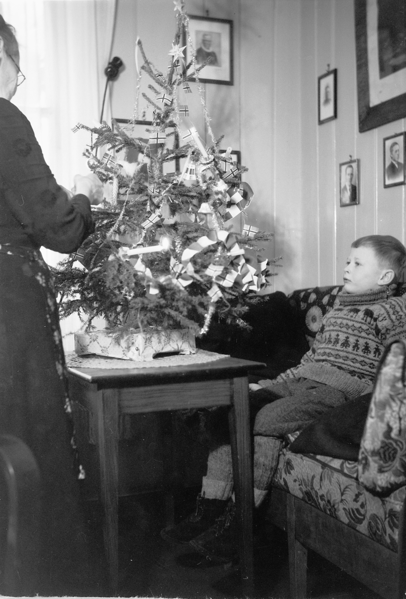 Håkon Prestkværn, Interiør, stue. Ukjent gutt i sofa med et juletre på bordet.