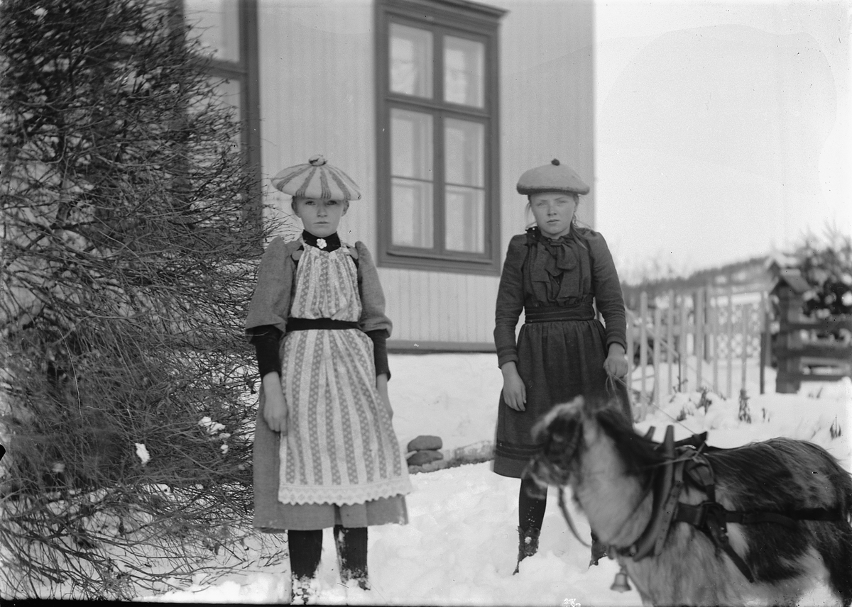 Kristoffer Horne, To jenter med ei geit i seletøy. Jenta t. h. er Karen f. Horne Fjelstad. Jenta het Hella (ukjent etternavn)