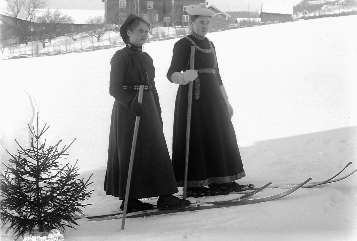 Kristoffer Horne, To kvinner på ski ved Nedre Fjelstad.