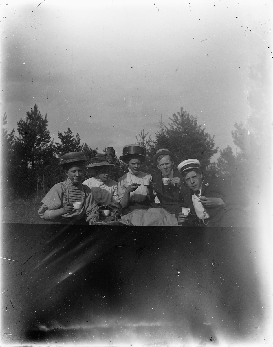 Johs. (Johannes) Johannessen, Tre kvinner og to menn drikker kaffe under en piknik.
