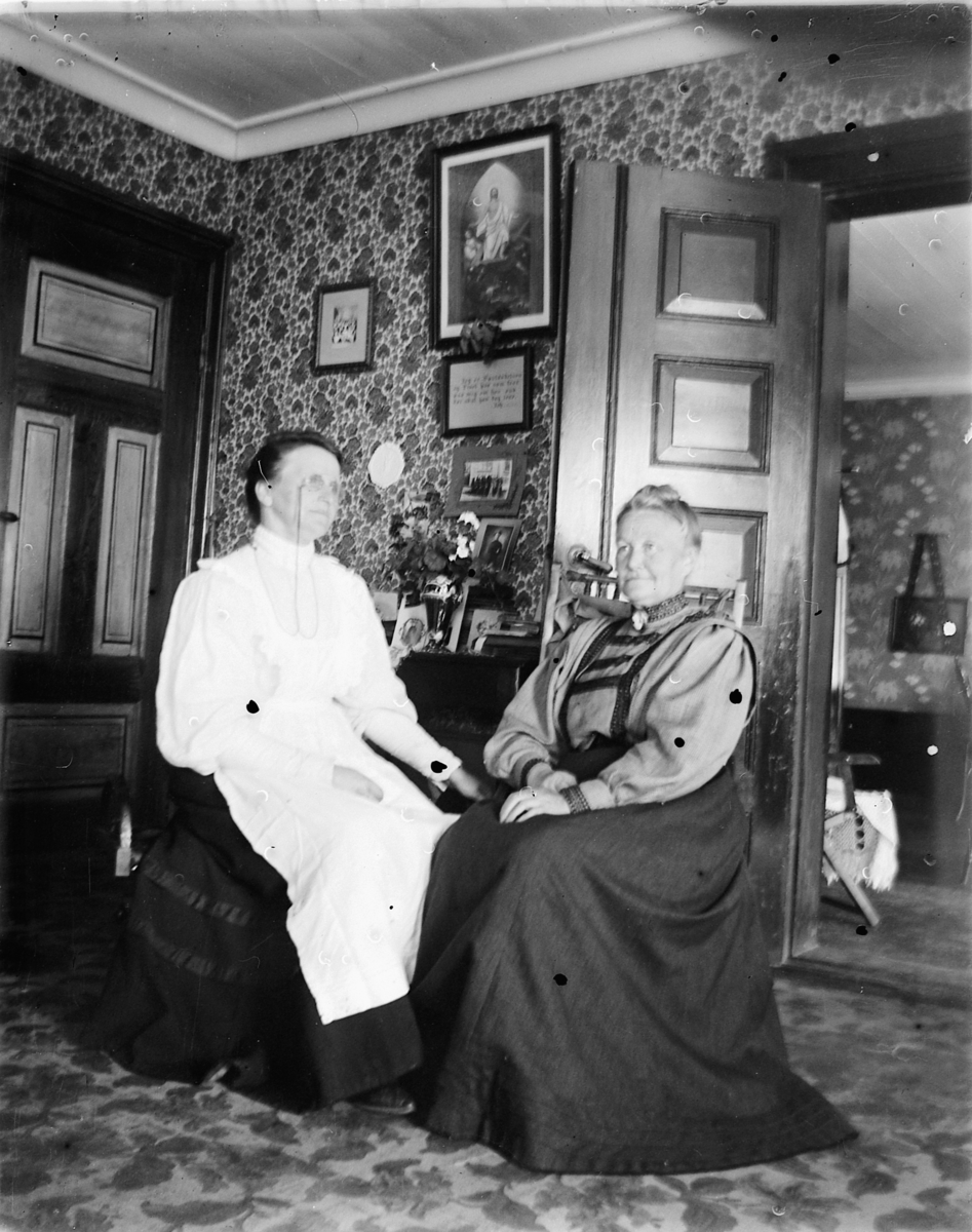 Johs. (Johannes) Johannessen, Interiør, stue. Fra venstre: Lovise Johannessen (1859-1932) og Botilla Morbech (død 1927) gift med Theodor Morbeck som er svigerforeldrene til Lovises sønn og fotograf Johs. Johannessen.