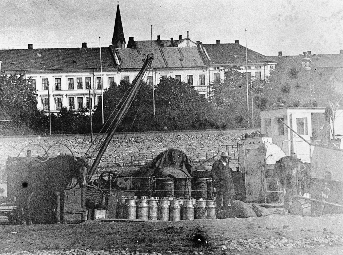 Hans Emil Erichsen, Hamar brygge. Mjøsbåter. Melkespann. Hest med kjerre.