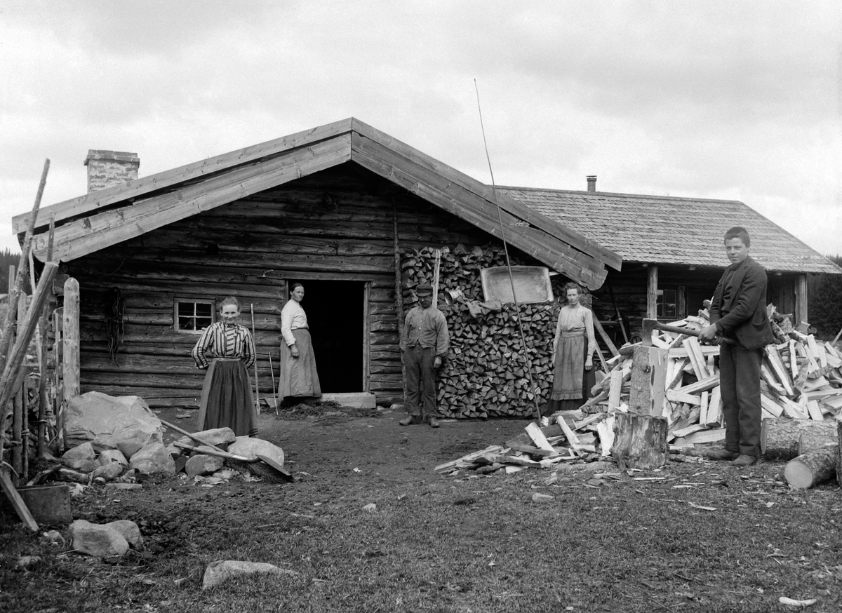 Simen Baardseth, Størhuset, Baardseth. Peder og Berthe Mikkelsen nærmest døra, de andre er ukjente. Seterhus, vedkløving.