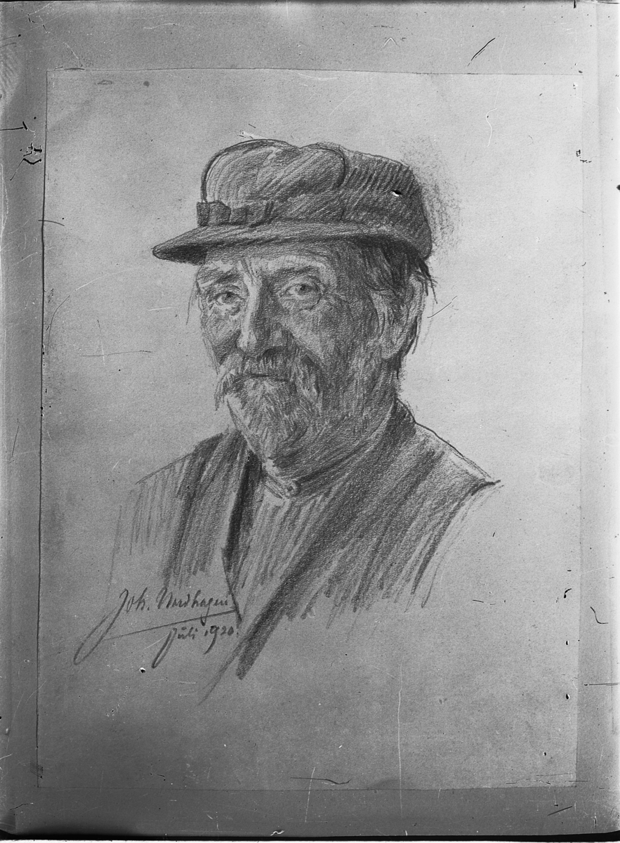 Simen Baardseth, Andreas Olsen Bergundhaugen, født 1854, død 1939. Han var gårdbruker og selveier på Øvre Bergundhaugen. Tegning, signert Johan Nordhagen juli 1920.
