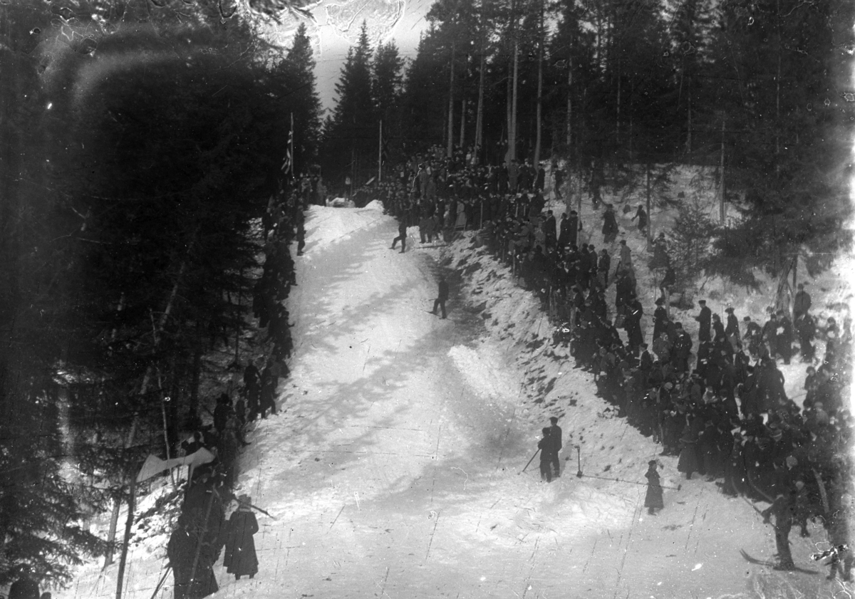 Johannes Larsen Alhaug, Hopprenn. Publikum ser på en skihopper i svevet i Hamarbakken.
