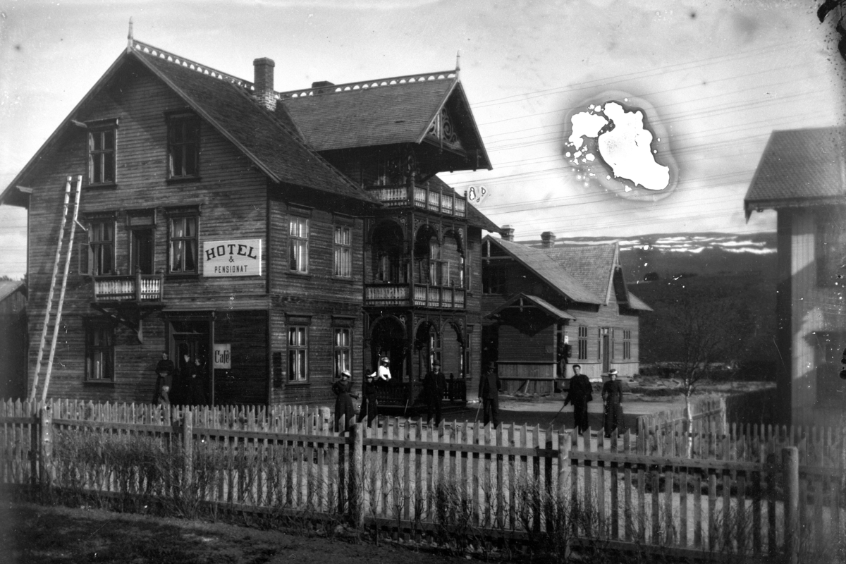Johannes Larsen Alhaug, En gruppe personer utenfor Hotel og Pensjonat. Tynset.