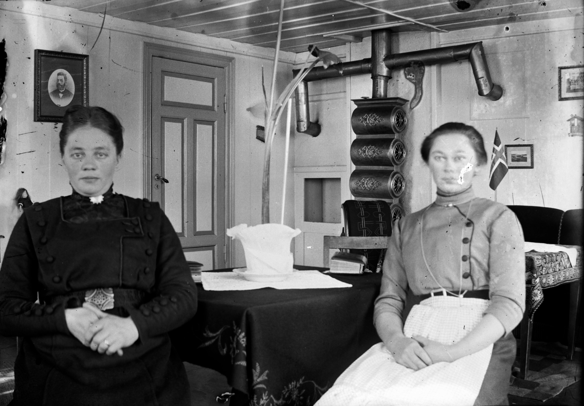 Kristian Heramb, To kvinner ved dekket bord. Damen til venstre er Marthe Andreasdatter Heramb (1873-1948). Gift med Even Jensen Mengshoel (1870-1913) i 1897. I bakgrunnen en ovn fra Aadals brug, kalles "Mengshoels patent". Trolig tegnet av lokale ingeniører, ikke støpt etter tyske former slik som de fleste andre ov…