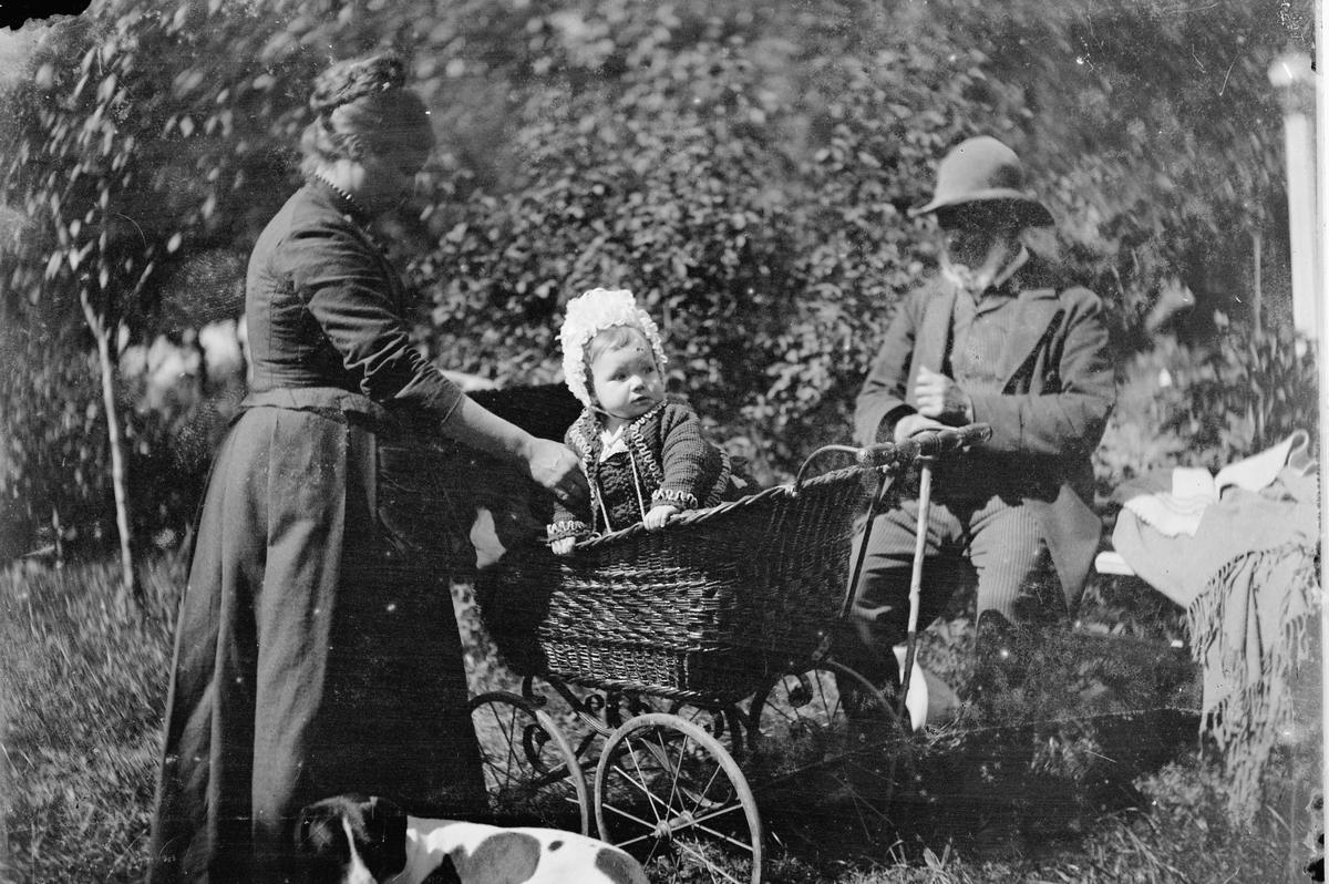 Hans Emil Erichsen, To voksne eldre med barn i barnevogn. Hund. Ukjente.