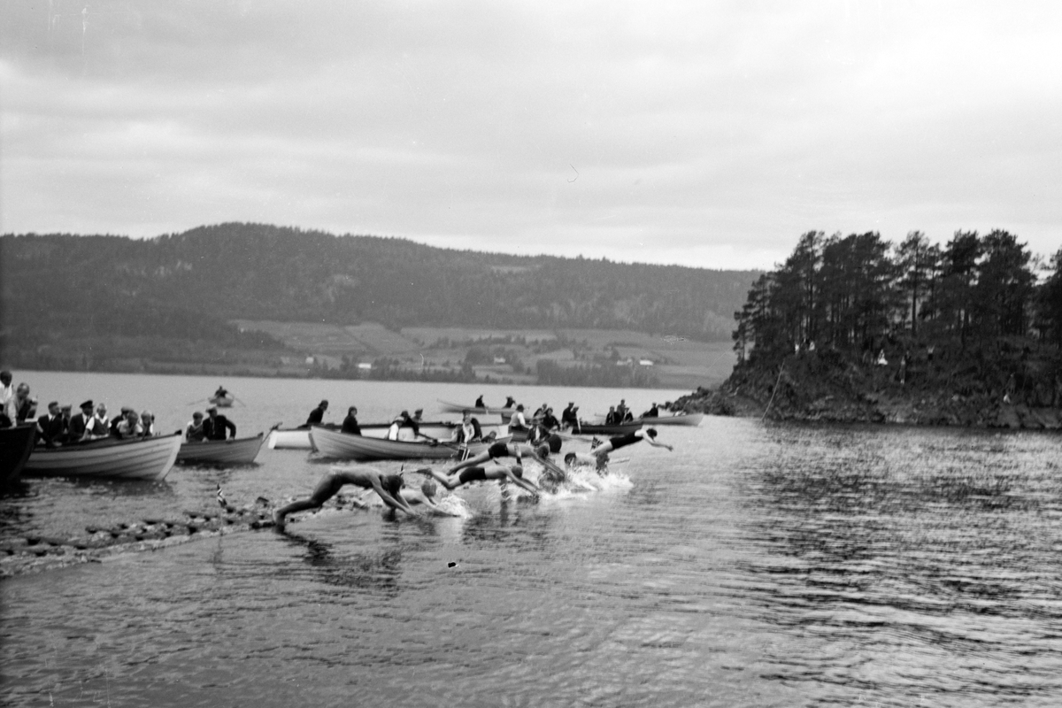 Håkon Prestkværn, Mjøsa ved Moelv, svømmekonkurranse, robåter.
