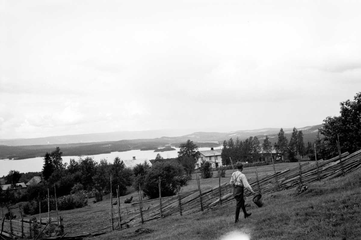Håkon Prestkværn, Landskap, Åsmarka, utsikt mot Næra, gutt med sinkbøtte, skigard, gjerde.