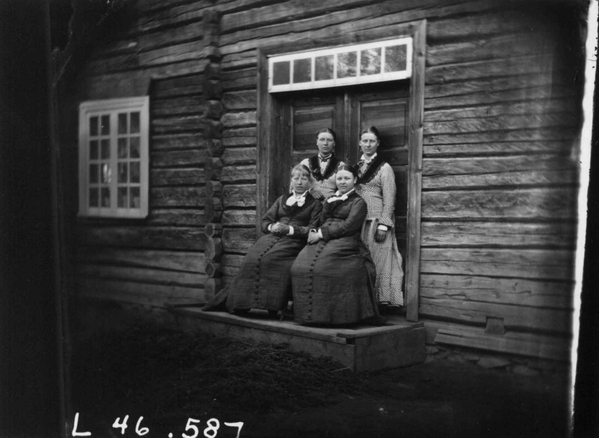 Fredrik Emil Faye, Gruppeportrett, 4 kvinner foran dørparti, ca. 1880. Gina Andersen (..) med familie på Møllerstad, Ullensaker ca.1880. Fra portrettserie av personer som bodde på eller besøkte Dal gård., Ullensaker, fotografert av gårdens eier, kammerherre Fred. Emil Faye (1844-1903) i årene 1875-1900.