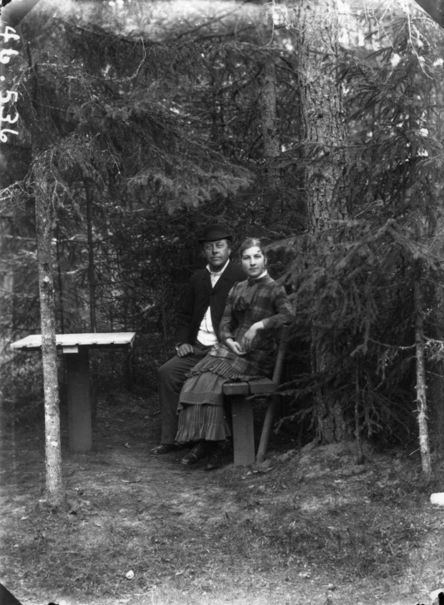 Fredrik Emil Faye, Dobbeltportrett, lensmann Hansen, Ullensaker og kone poserer på hagebenk. Fra portrettserie av personer som bodde på eller besøkte Dal gård, Ullensaker, fotografert av gårdens eier, kammerherre Fredrik Emil Faye (1844-1903) i årene 1875-1900.