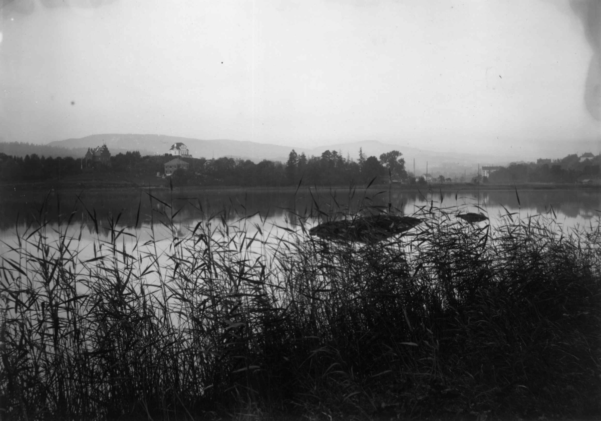 Hermann Christian Neupert, Bestumkilen, Oslo 1908. Bilde tatt mellom siv, over kilen mot Drammensveien. Det hvite huset er Tingstuveien 23, dr. F. Levy. Huset med kantet gavl, Drammensveien 175, skipsreder A. Nyquist.
