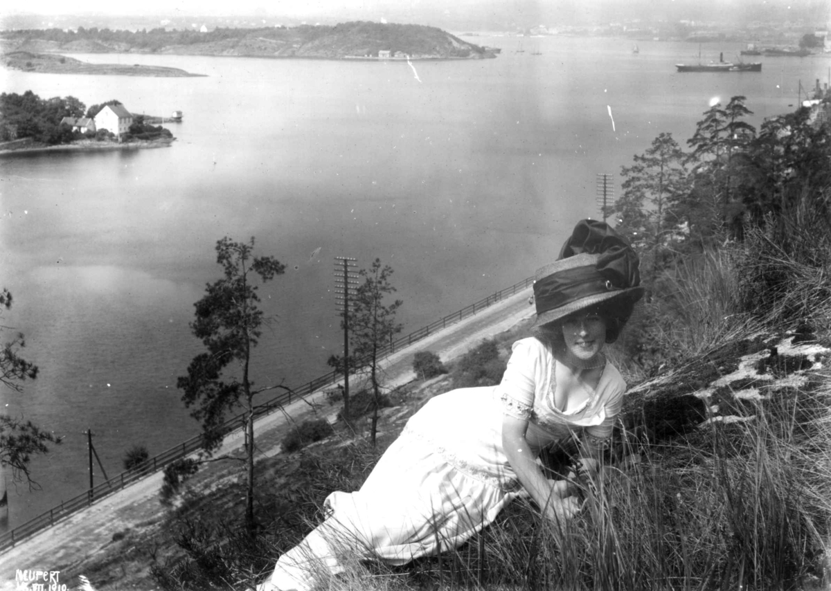 Hermann Christian Neupert, Oslo. Oversiktsbilde. Utsikt over indre Oslofjord. Øyer. Båter. Bebyggelse. I forgrunnen kvinne i hvit kjole og med hatt.