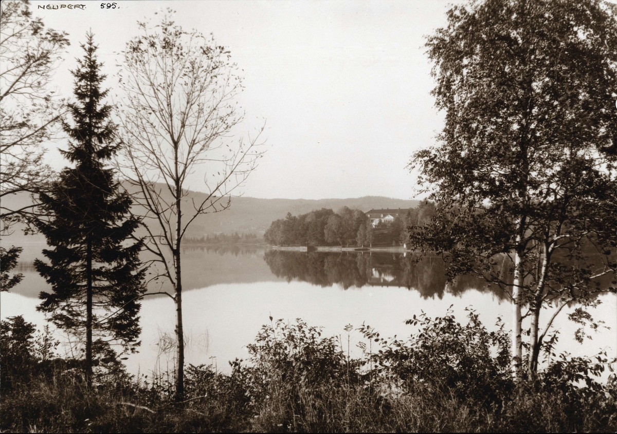 Hermann Christian Neupert, Landskap, Bogstad, Oslo. Oversiktsbilde med Bogstad gård ved Bogstadvannet i bakgrunnen. Oversiktsbilde. Skog. Fotografert av H.C. Neupert (nr.595) ant. 1920.