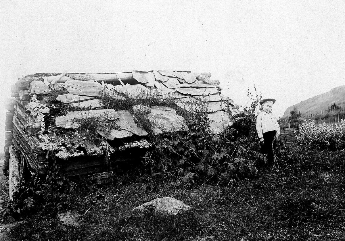 Robert Collett, Gutt med hatt og hvit skjorte foran forfallent uthus med skifertak. Muligens seterområde i flellterreng. Serie tatt av Robert Collett (1842-1913), amatørfotograf og professor i zoologi.