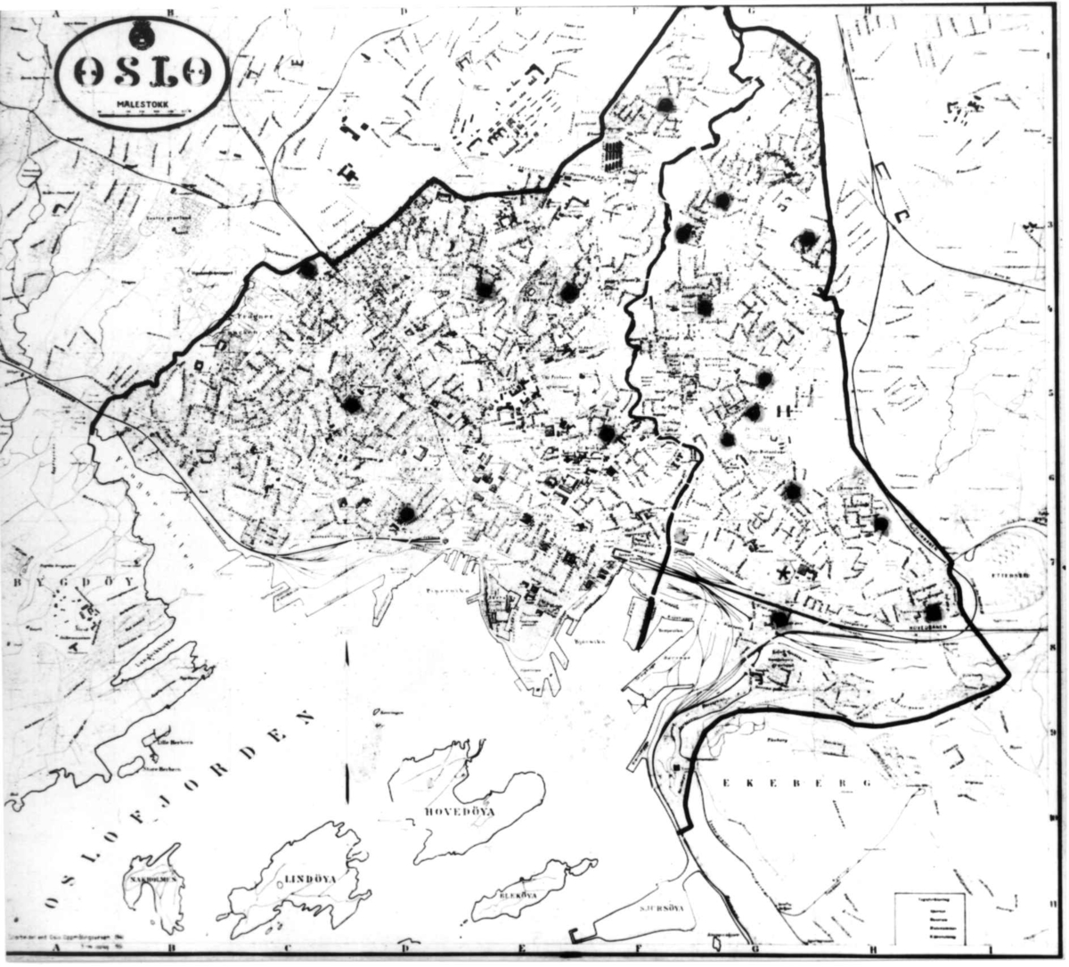 Nanna Broch, Tekstplansje. Oslokart. Fra lysbildeserie til utstilling på Østkantutstillingen 1934, "Den var vår, denne jord". Om tomteproblemer i Oslo. Fra boliginspektør Nanna Brochs boligundersøkelser i Oslo 1920-årene.
