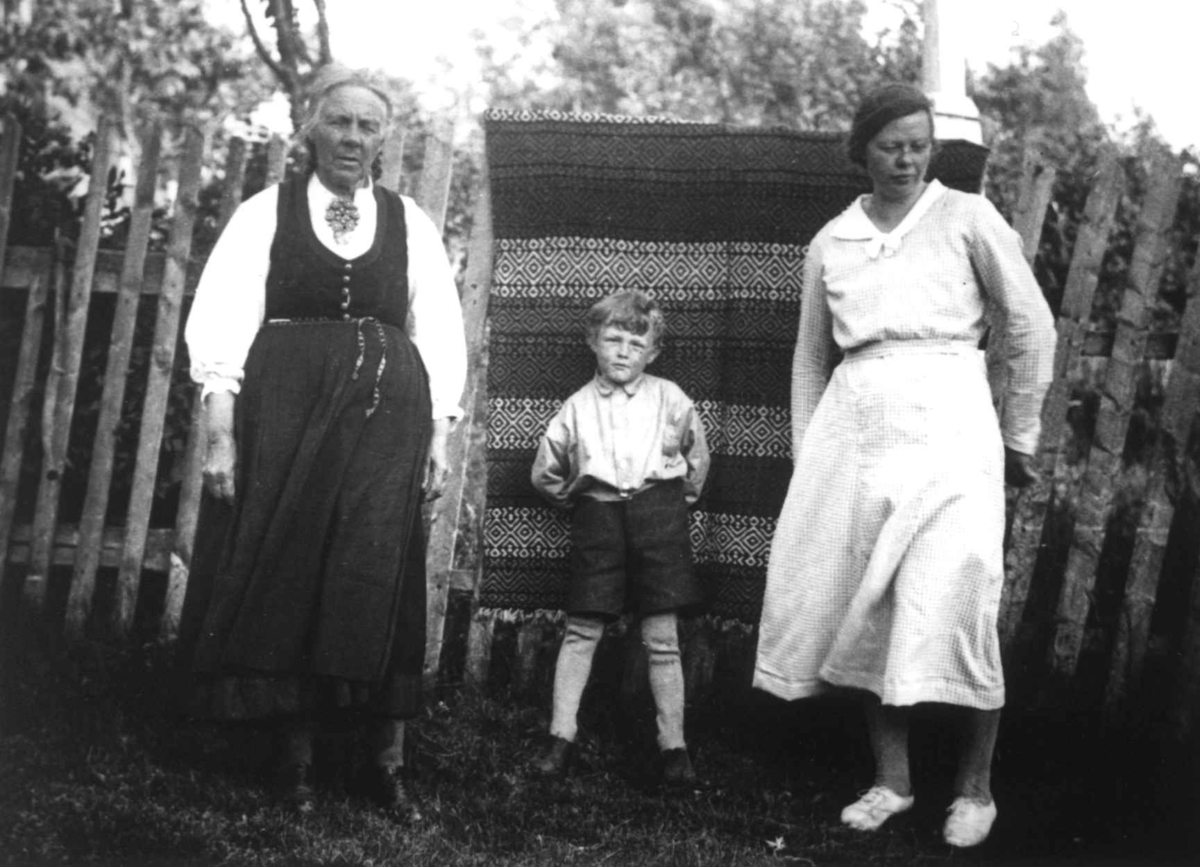 Anna Grostøl, To kvinner og en gutt foran et teppe som henger over et gjerde. Ukjent sted 1935.