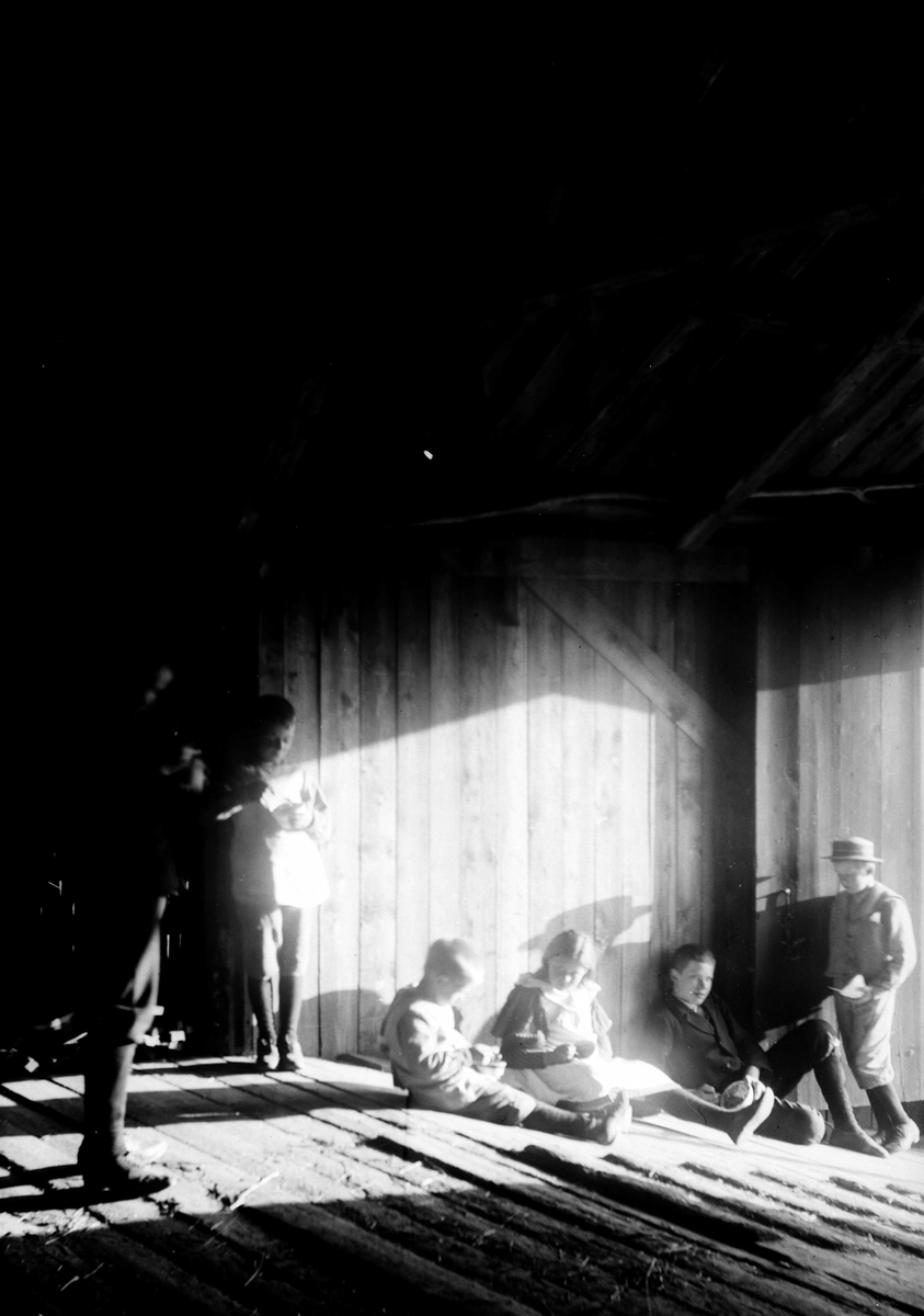 Juliane Fredrikke Langberg, Gruppe barn på låvebrua, prestegården i Hurum. Fra v. Kristofer, Christian L. og Emily Holm, Olaf Bull og Olaf L. Holm. Holm-barna er barn av sokneprest i Hurum 1897-1904, Olaf A. Holm, g. med fotografens søster Louise. Fra malerinne Juliane Fredrikke Langbergs (1856-1930) samling, tatt ca.1895-191…