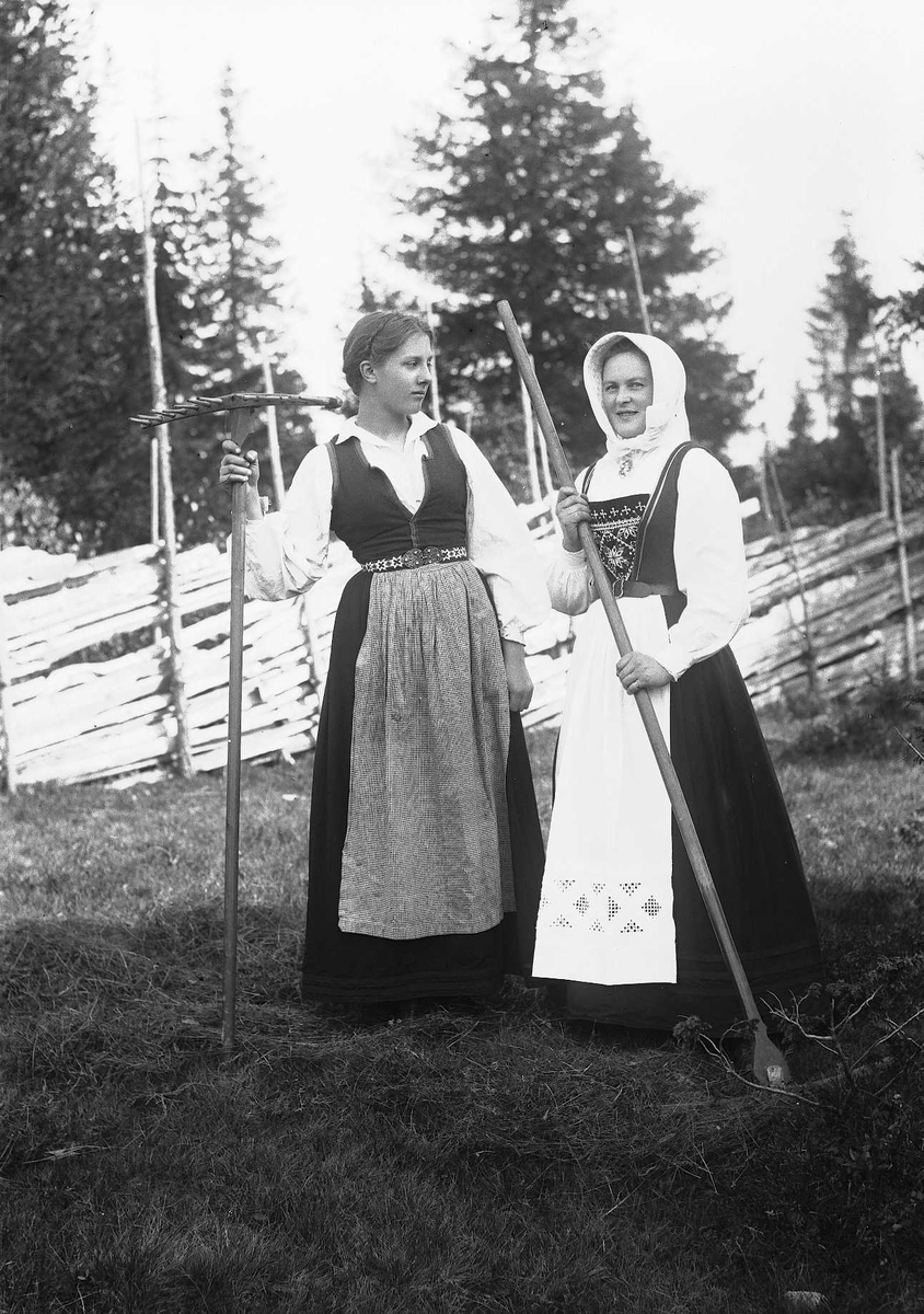 Solveig Lund, To kvinner i Hardangerdrakt med river står foran skigard. I bakgrunnen trær.