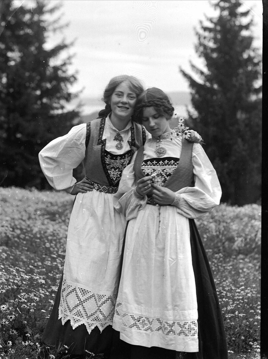 Solveig Lund, To kvinner i nasjonaldrakt står med armene rundt hverandre på blomstereng. Holder prestekrager i hendene.