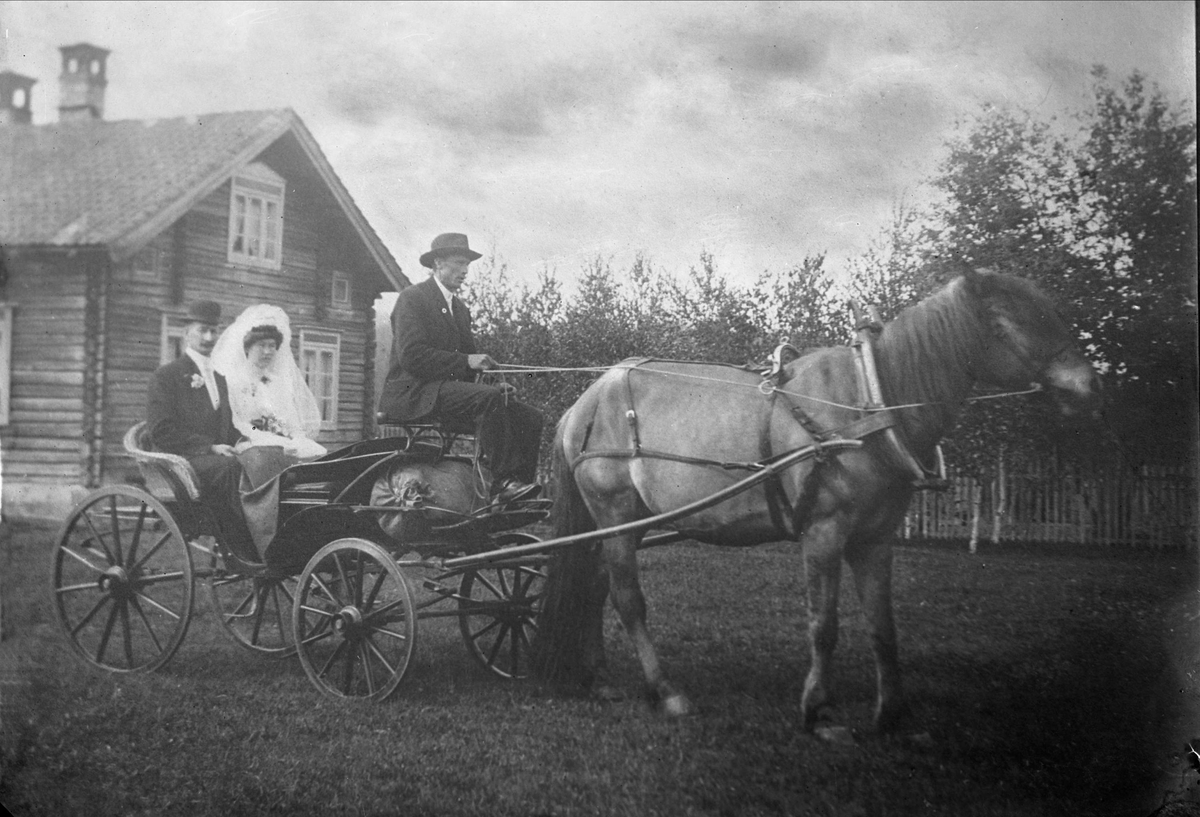 Gustav Borgen, Gruppeportrett, brudepar i trille med kusk og hest. Hus i bakgrunnen.