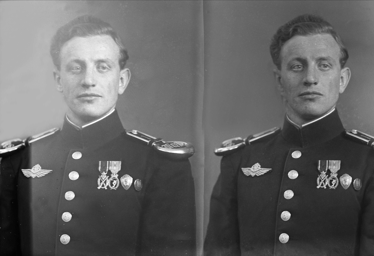 Gustav Borgen, Portrett, to eksponeringer, mann i paradeuniform med flyvinge. Flykadett? Mæhre.