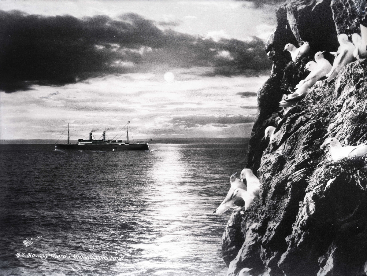 Anders Beer Wilse, Stavangerfjord (b. 1918, Cammell, Laird & Co., Birkenhead), midnattssol, fuglefjell