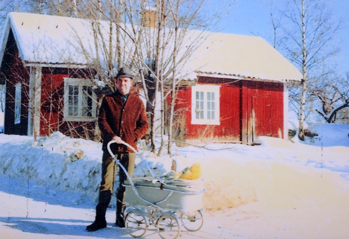 Ukjent, Rolig, tidl. husmannsplass unna Børstad. Jan Johansen f. 1930, i barnevogn Lars Johansen, ca. 1980.