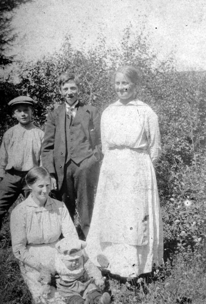 Ukjent, Olstad av Øvre Tomter (60/22). Familien Olstad i hagen. Johan, Martha, Reidar(barn), Harald, Oline. Ca 1916.