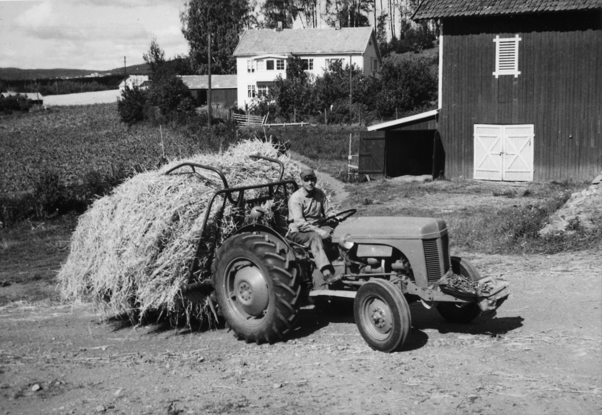 Ukjent, Opsahl, store, 79-1, Vang H. Slåttonn, innkjøring av høy, traktor, ca. 1955. Syver Opsahl, f. 1915 på traktoren.