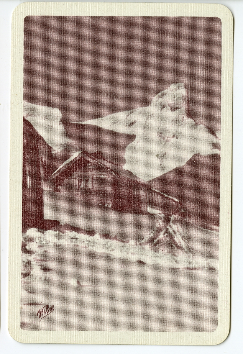 Anders Beer Wilse, Spillkort. Vinterlandskap med fjell, snø og bebyggelse.