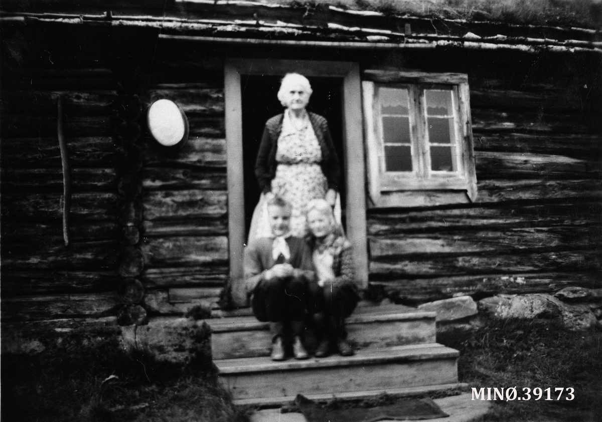 Ukjent, Med bestemor Gudlaug Lilleholmen på setra. Grete Olov Furuhovde og Ingeborg Kristine Ryen