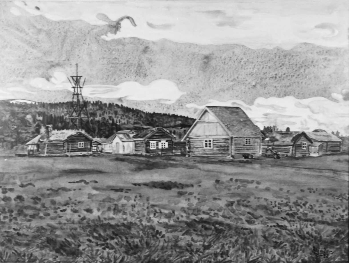 Rachel Haarseth, Akvarell av et gårdsbruk, taubanebukk.