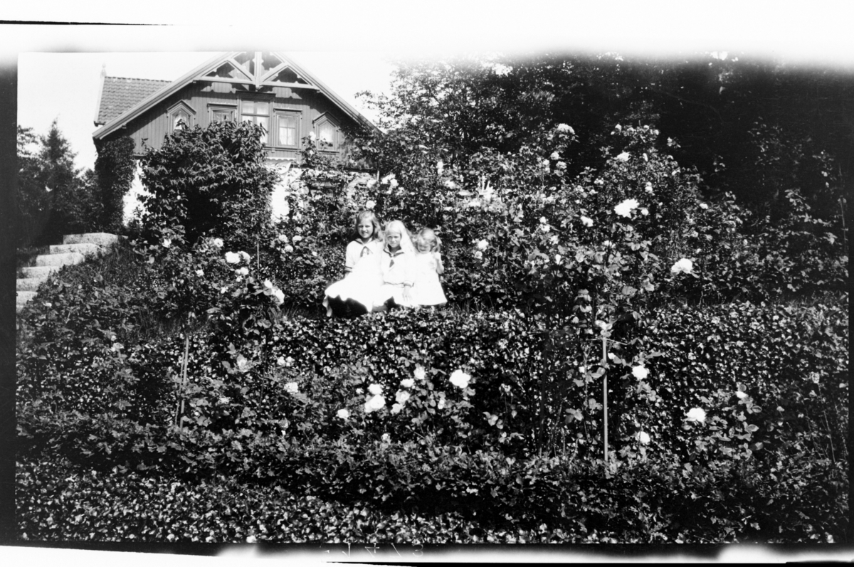 Rolf Sr. Sundt, Tre ukjente jenter står i hagen øst for familien Sundts hus på Farøy. Fotografert 1915-1917