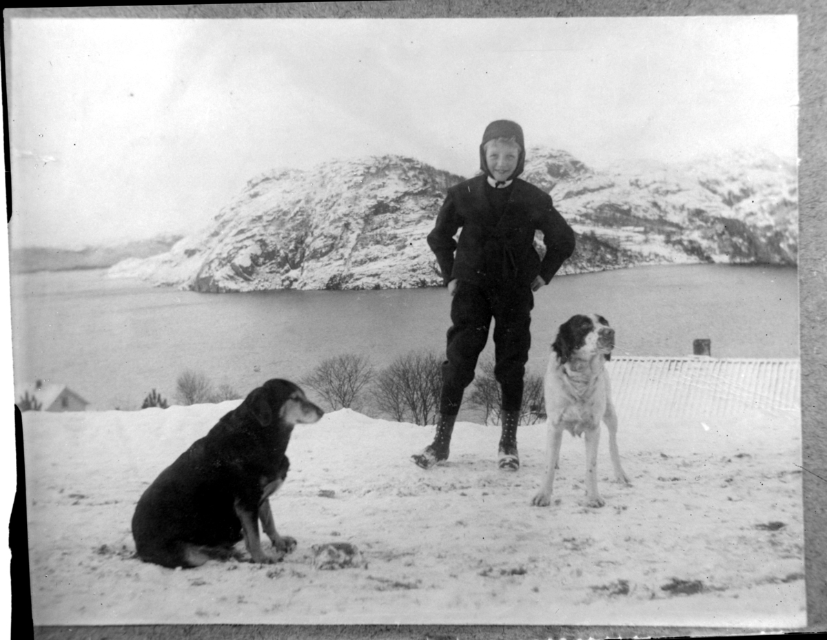 Rolf Sr. Sundt, Peter B. D. Sundt står sammen med to hunder på Sunde gård i Farsund, i bakgrunnen Vestersidefjorden og Øyna. Til venstre går fjorden inn mot Kjørrefjord. Fotografert ca. 1900.