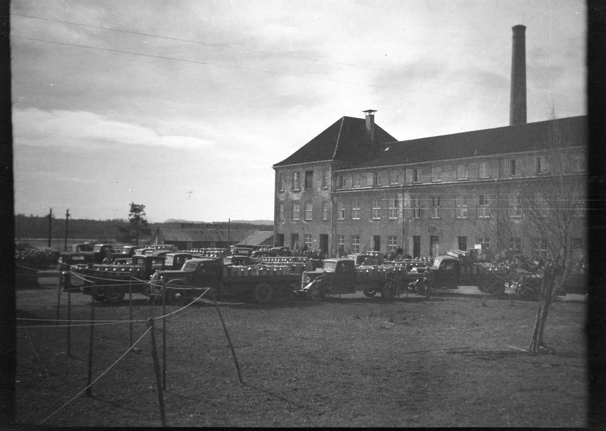 Karl Andreas Diesen, Hedmark Meieri, Vangsvegen 185, Hamar. Lastebiler, melkespann. De to nærmeste lastebilene er begge av merket Diamond T, fra venstre 1936-37, så en 1933-35. Ikke mulig å avgjøre om den siste har "dører" i pansersiden (1933-34) eller riller med listverk (1935).