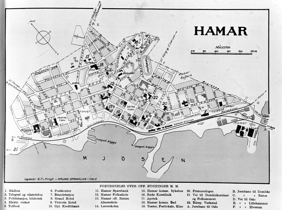 Anno Domkirkeodden, KART OVER HAMAR, INNTEGNET VIKTIGE PLASSER OG BYGNINGER