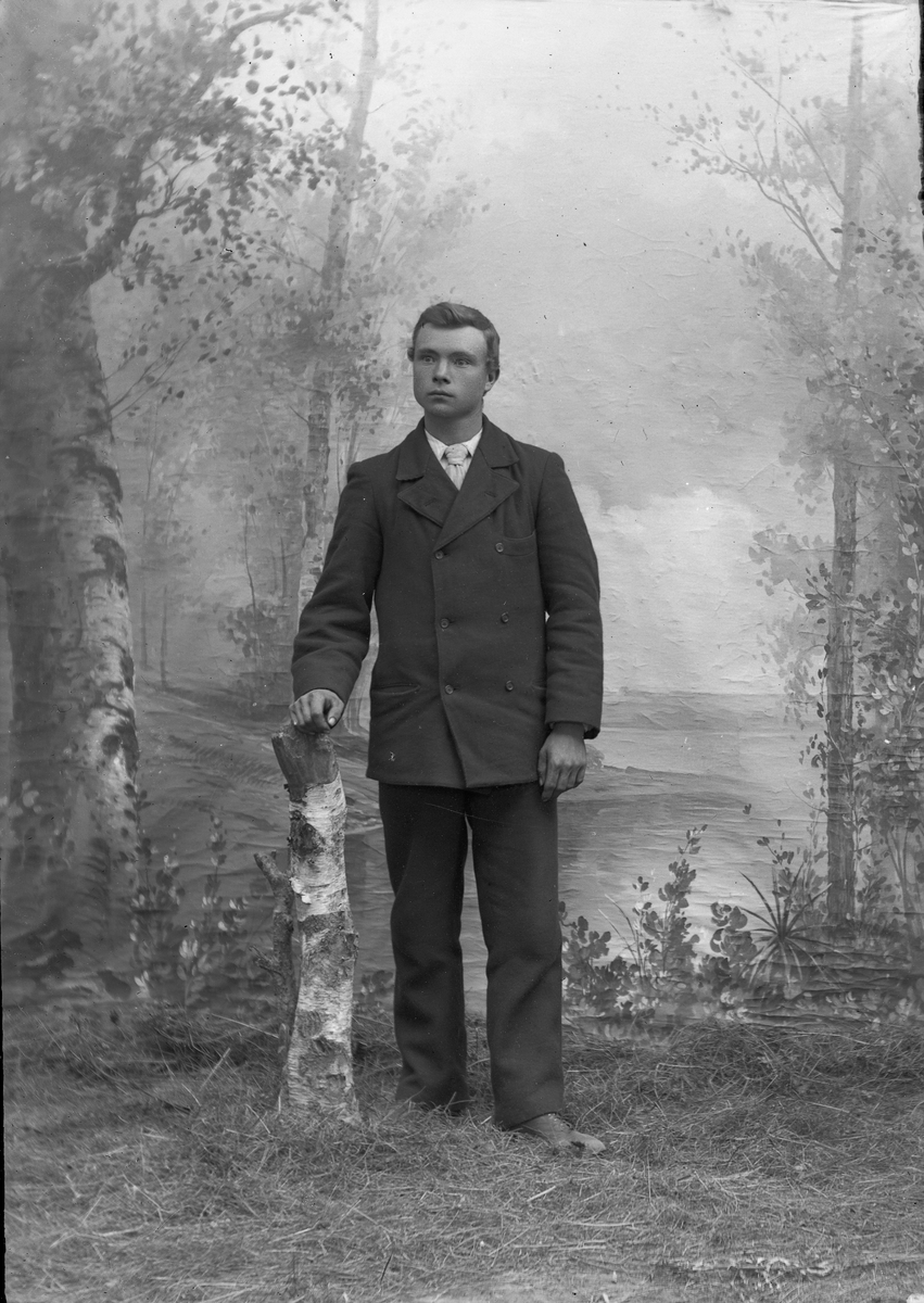 Jakob Jakobsen Engerdal, Ung mann i mørk dress ved en bjørkestubbe - i bakgrunn skog og vann.