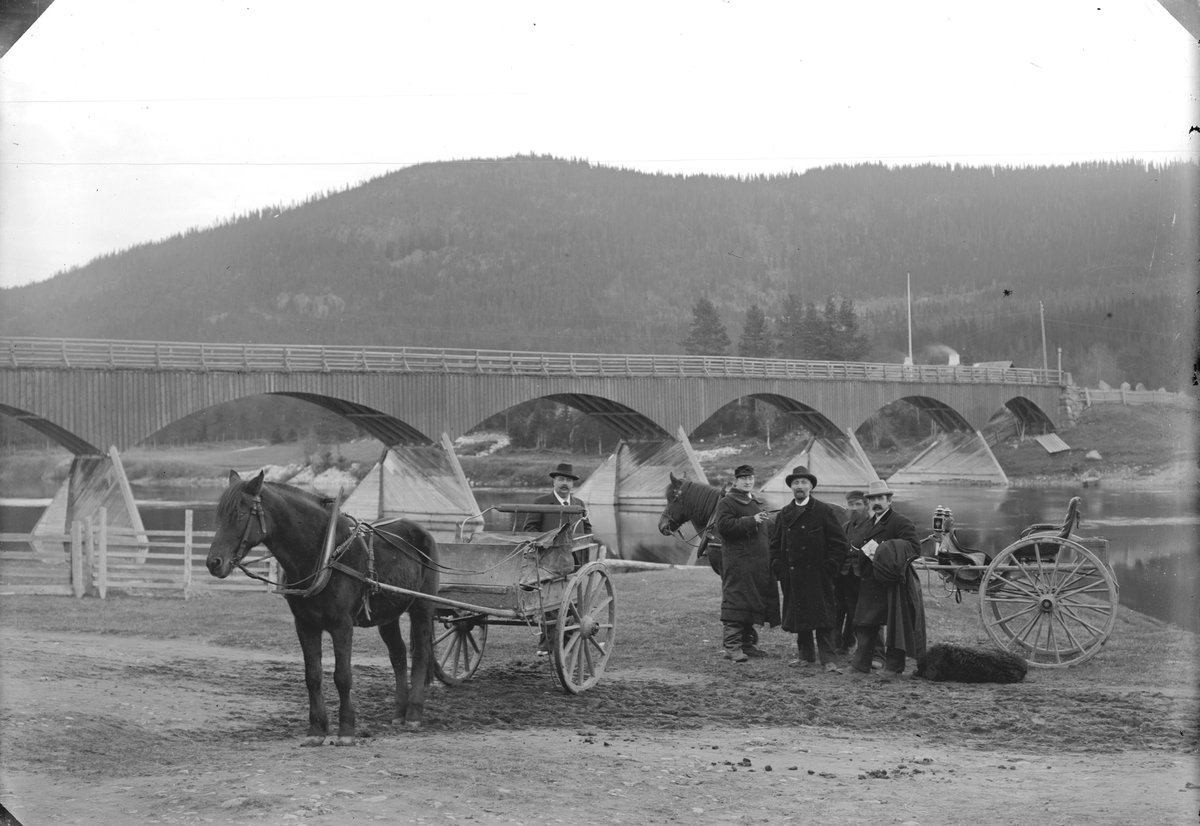 Jakob Jakobsen Engerdal, Nybergsund, på vestsida av Trysilelva, sør for den gamle brua (1879-1929). Åsen i bakgrunnen er Klanken. Bildet er tatt på fotografens egen gårdsplass. Nr. 2 fra venstre er Otto Mejlænder (1865-1944), kommunelege i Trysil fra 1891, distriktslege fra 1909-1921.