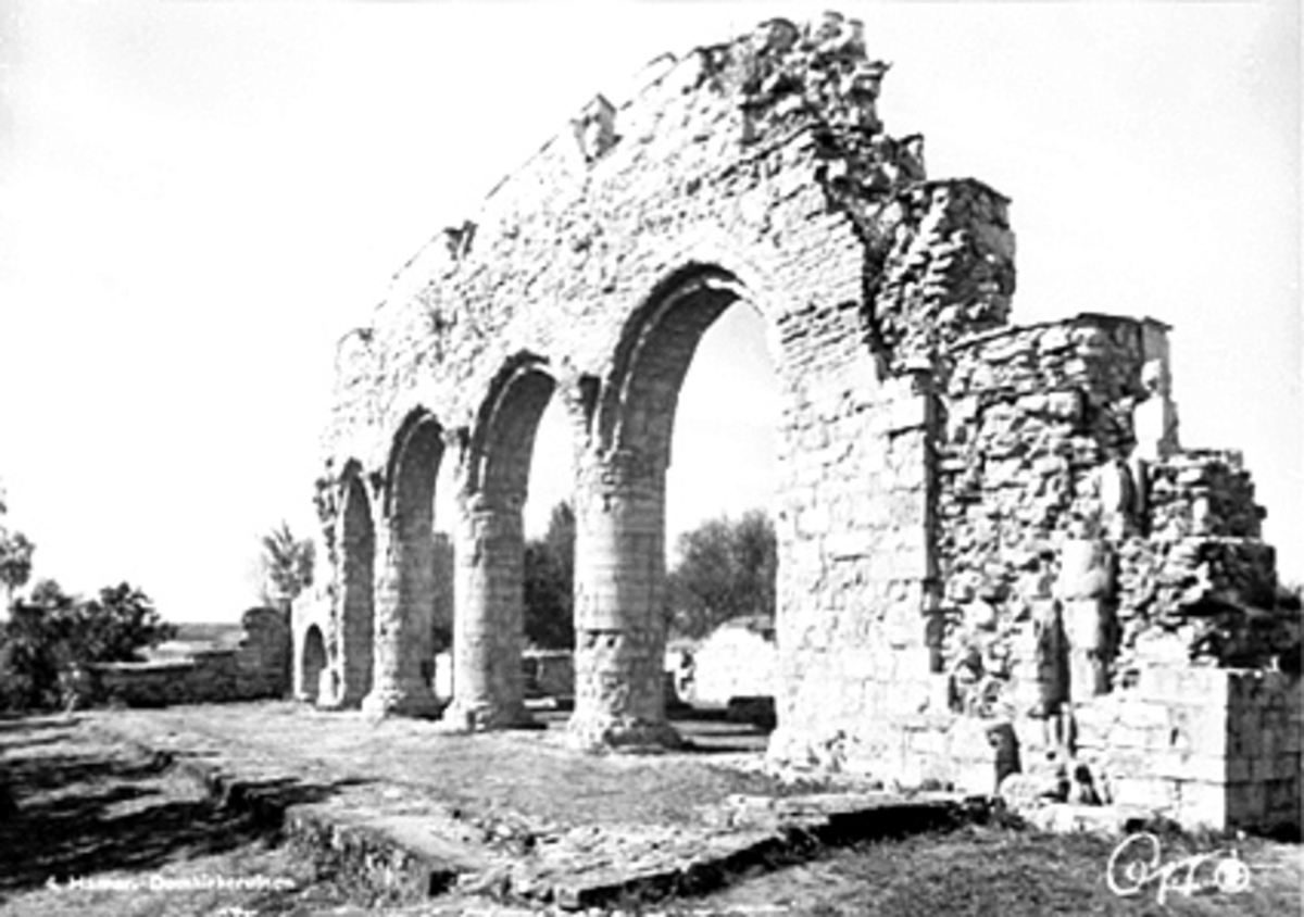 Anno Domkirkeodden, DOMKIRKERUINEN, SØYLEREKKA, DOMKIRKEODDEN OG HEDMAMRKSMUSEET. POSTKORT.