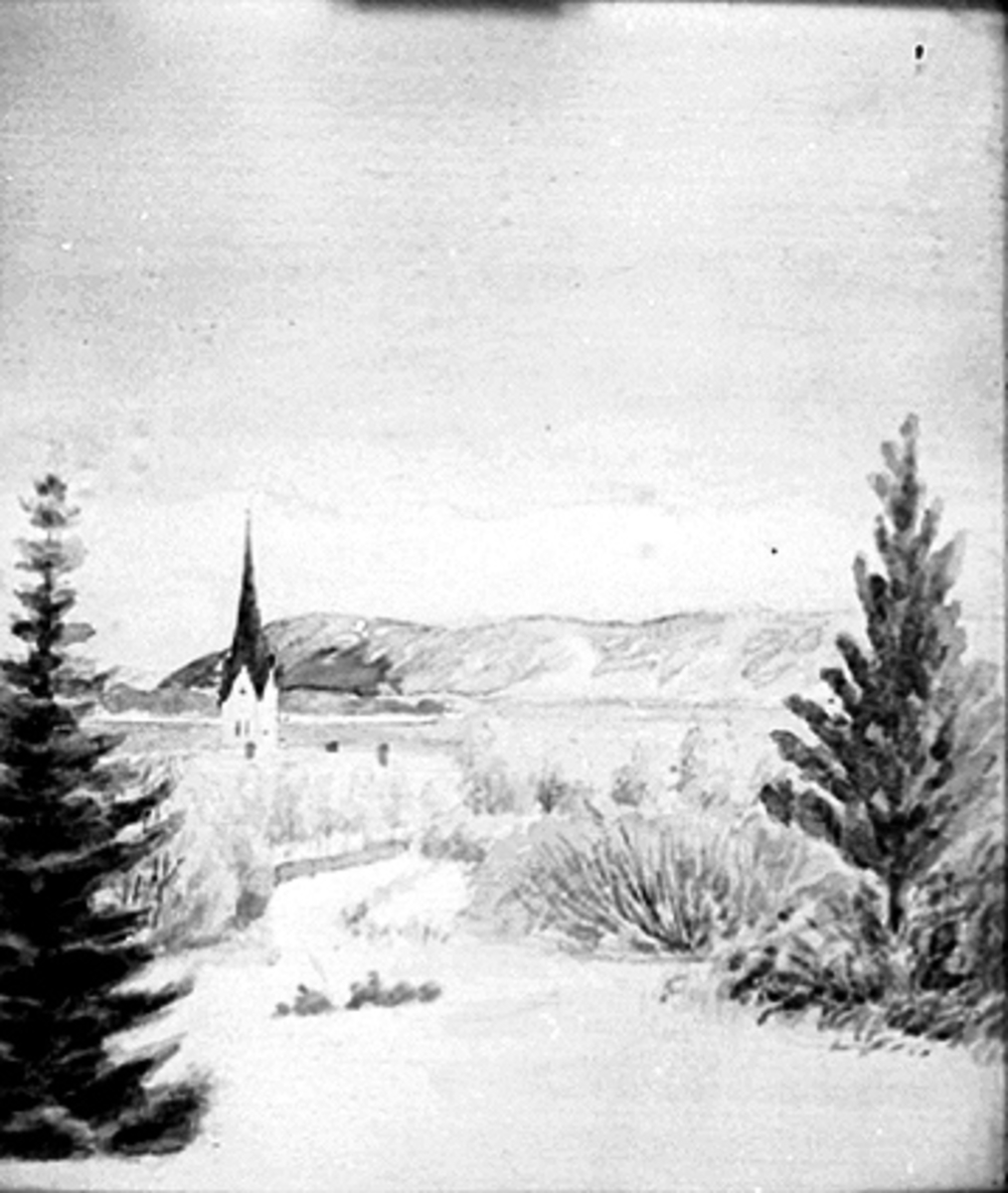 Anno Domkirkeodden, AKVARELL, HAMAR DOMKIRKE, TEGNET AV HERMANN ANKER