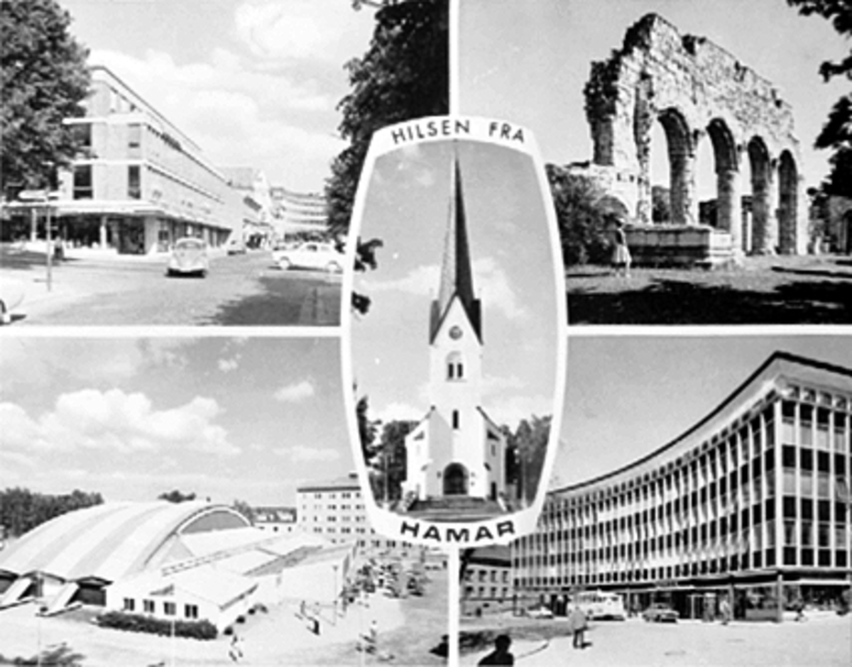 Anno Domkirkeodden, 5 DELT POSTKORT, HYGEA-TRIANGEL-GÅRDEN, DOMKIRKERUINEN, DOMKIRKEN, HAMARHALL